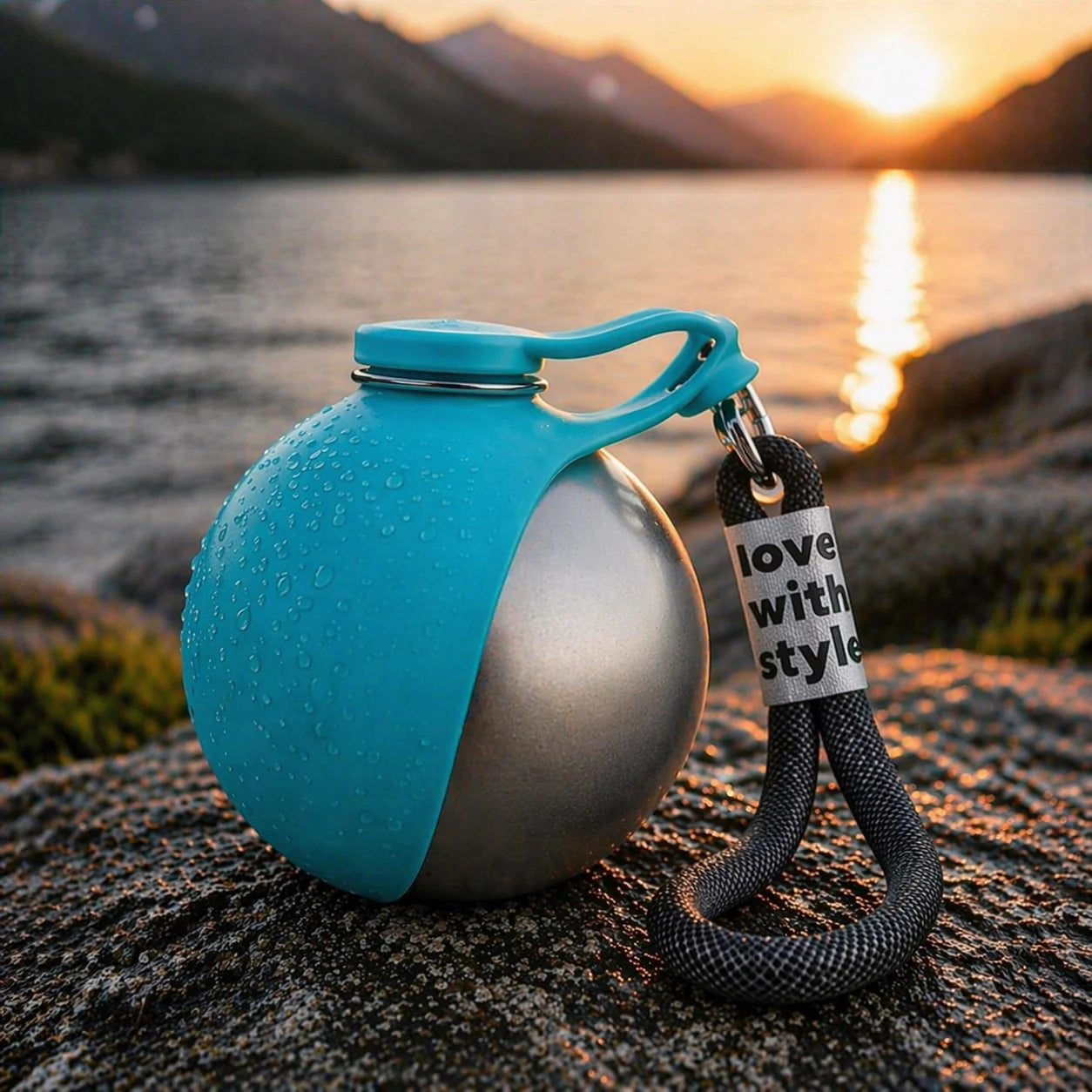 Garrafa de água para cães WagFlask™ em aço inoxidável com tigela integrada e cordão de segurança