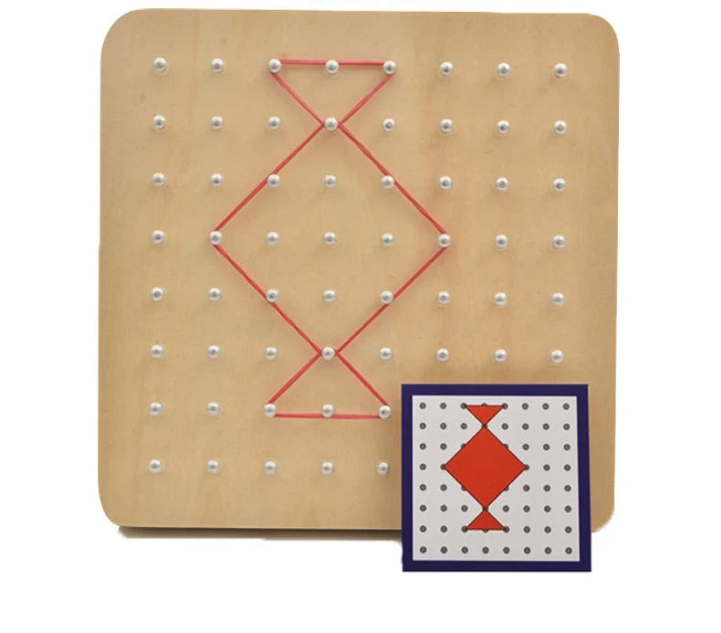 Brinquedo Montessori de Geometria em Madeira – Tabuleiro Educativo com Elásticos Coloridos para Crianças