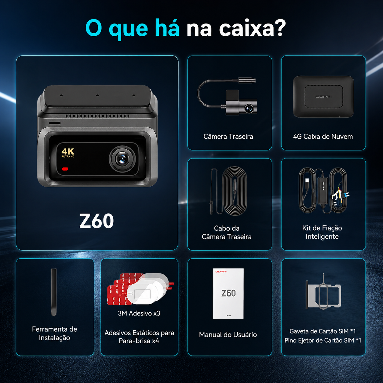 Câmera Veicular Z60 4g Visualização Remota 4k 3 em 1