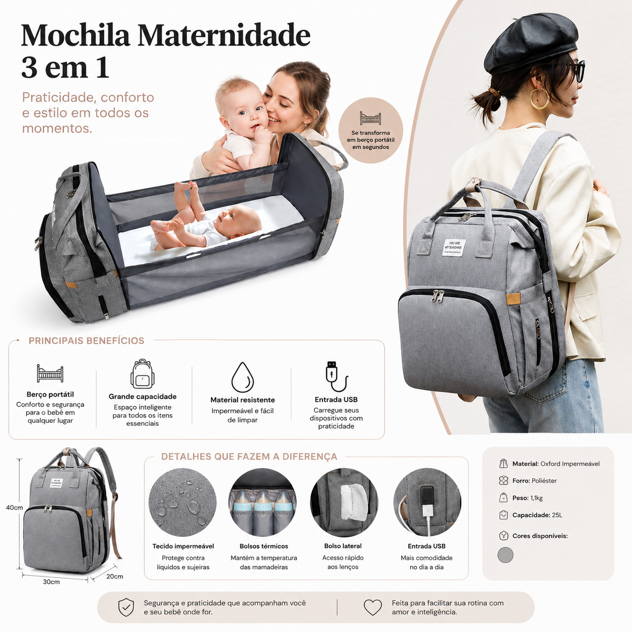 Mochila De Maternidade Expansível 3 Em 1 Com Berço Portátil