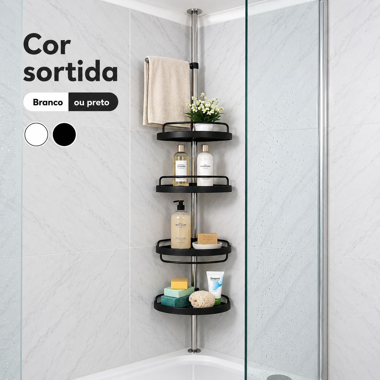 Organizador de Banheiro Ajustável | Prateleira Cantoneira com Toalheiro para Shampoo, Sabonete e Acessórios