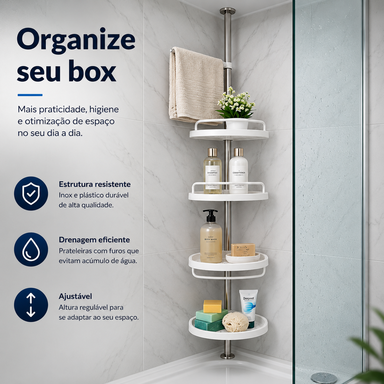 Organizador de Banheiro Ajustável | Prateleira Cantoneira com Toalheiro para Shampoo, Sabonete e Acessórios