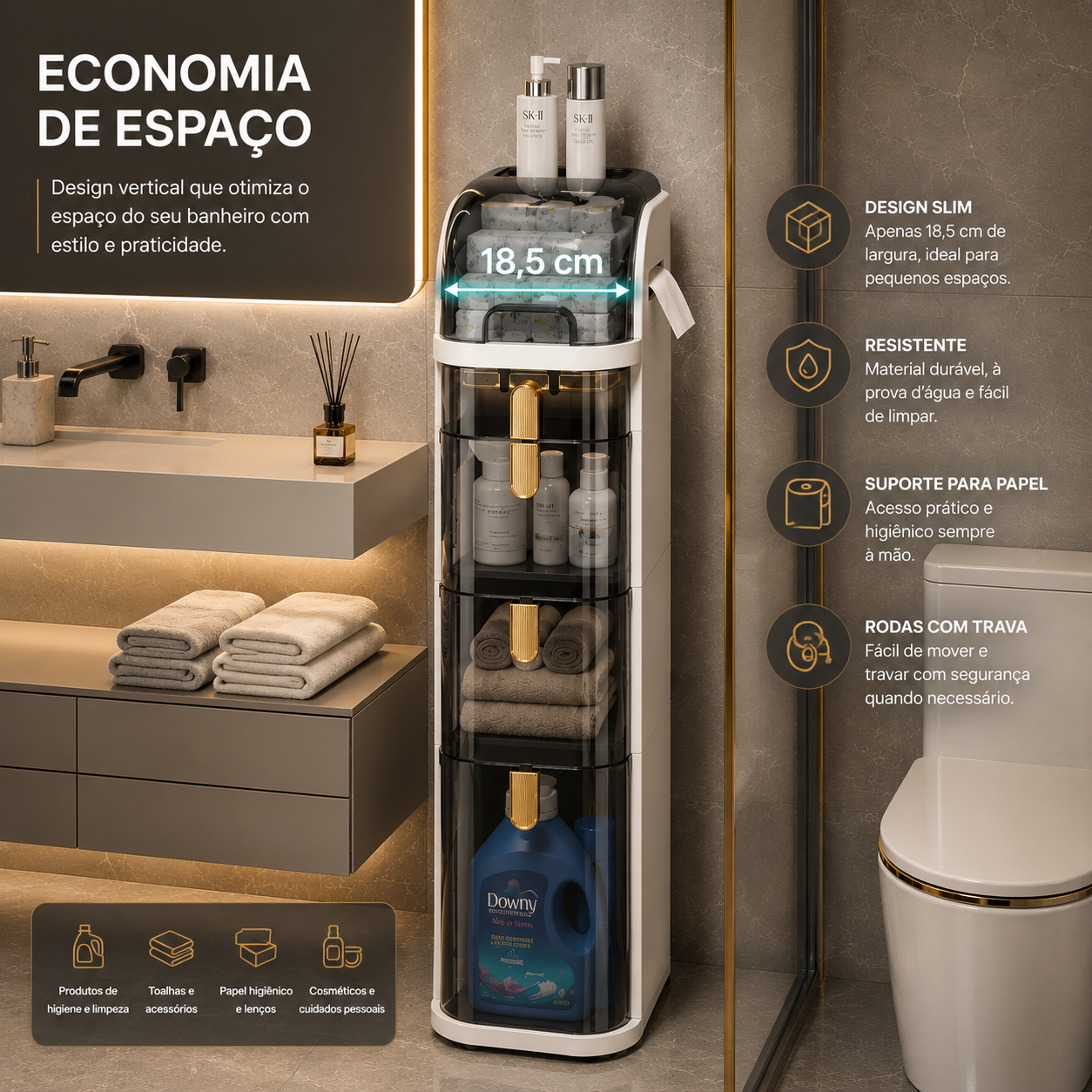 Gaveteiro Organizador FlexMove™ | Multiuso com Rodinhas para Banheiro, Quarto, Cozinha e Lavanderia