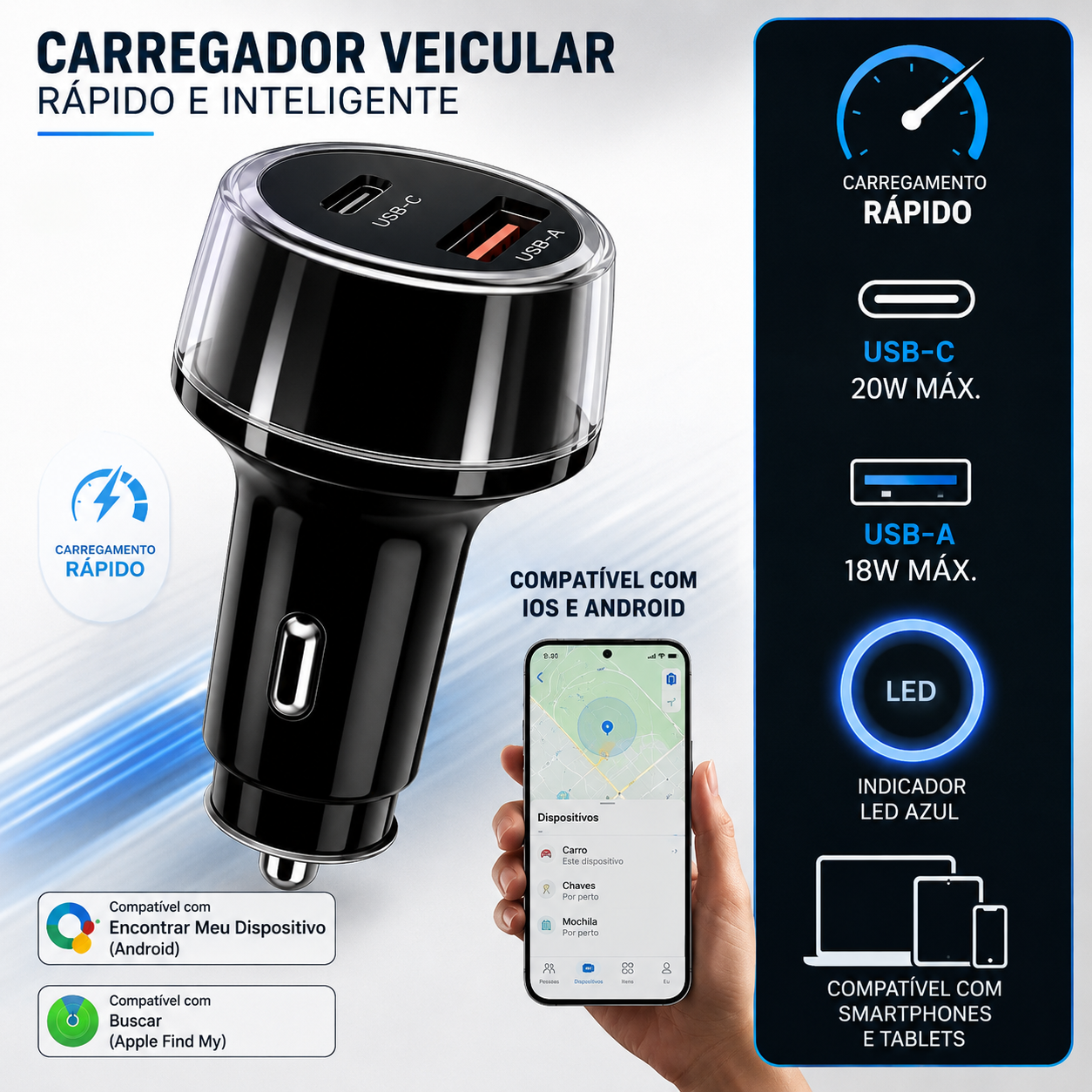 Rastreador GPS Para Carros e Carregador Tipo C e USB - 10% OFF NO PIX