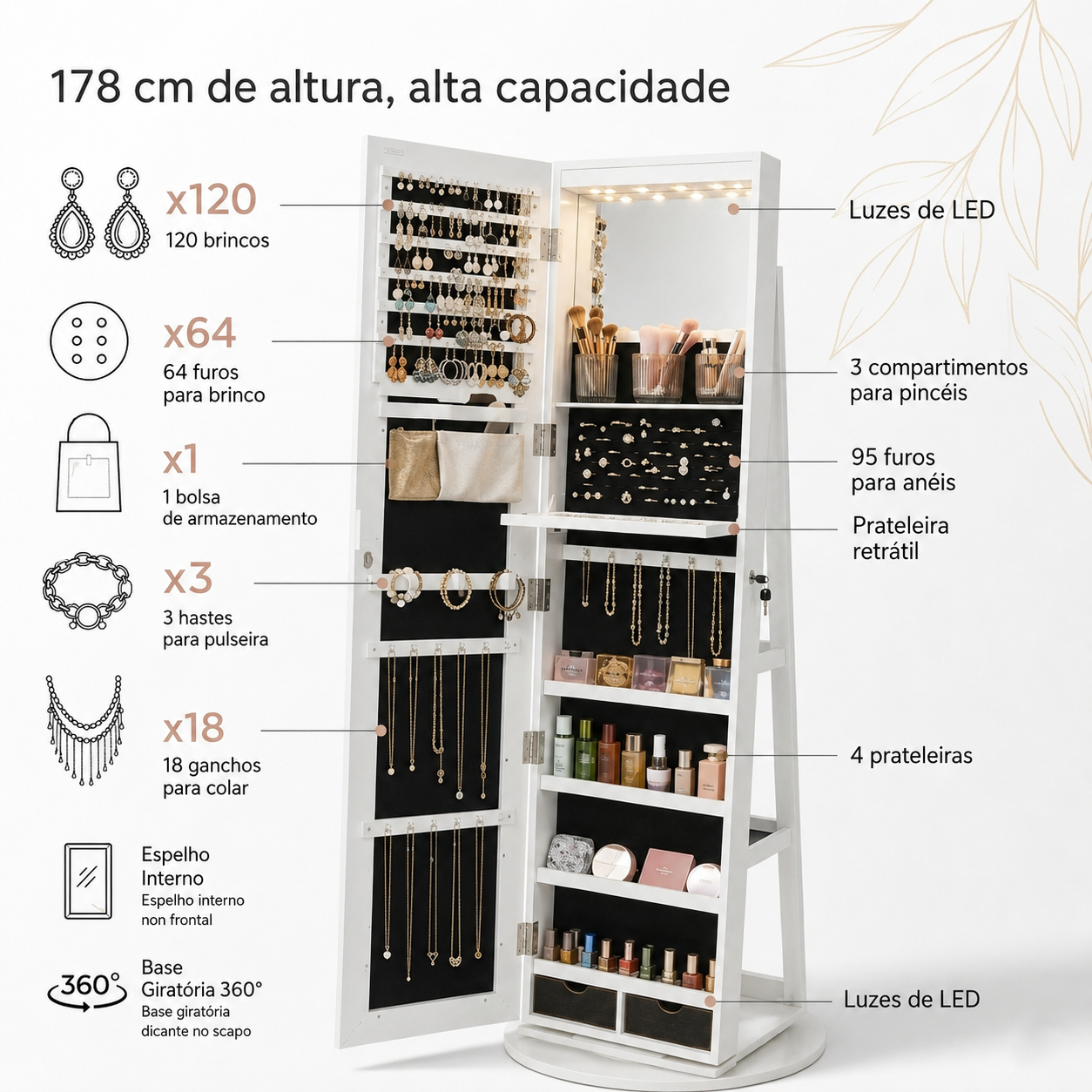 Espelho Porta Joias 360° com Organizador Interno