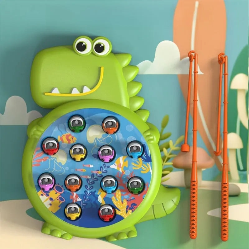 Jogo de Pesca Magnética Infantil com 12 Peixinhos e 2 Varinhas – Brinquedo Educativo em Formato de Dinossauro