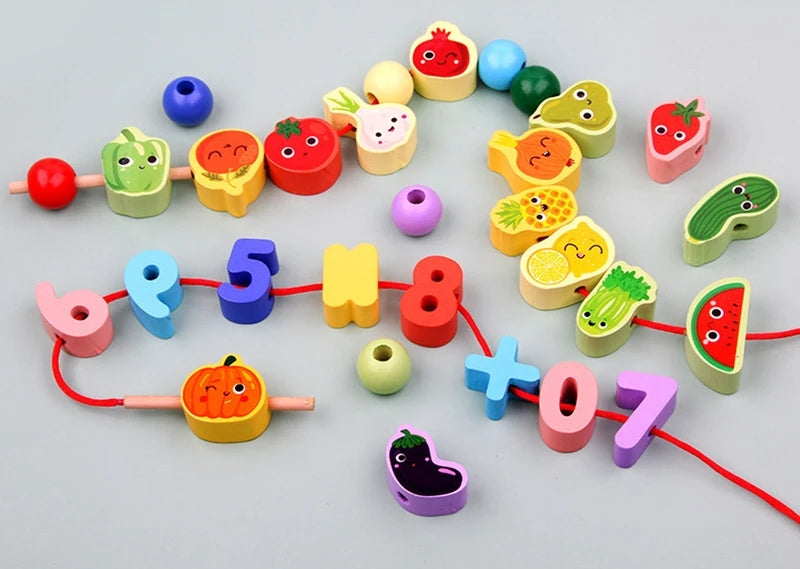 Kit de Contas de Madeira Montessori com Cordão – Brinquedo Educativo de Encaixe com Animais, Frutas, Letras e Números