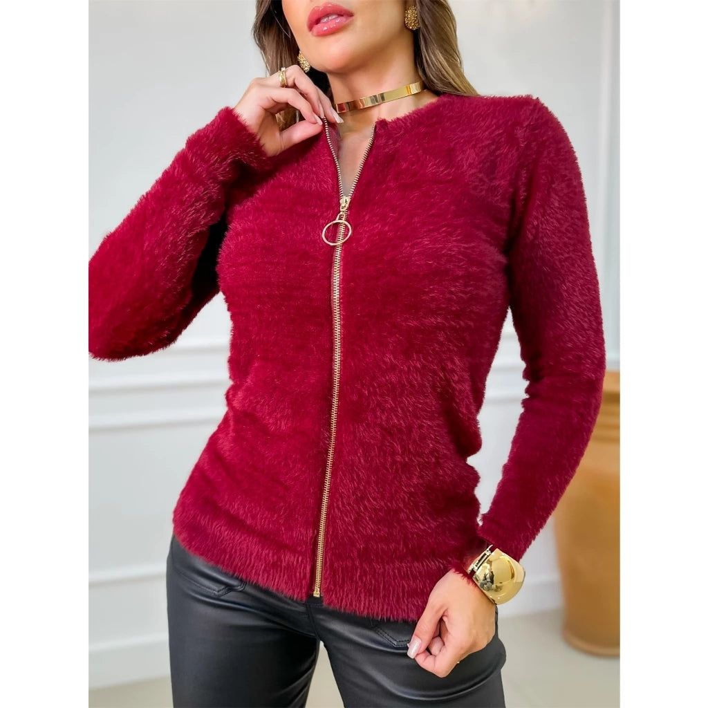 Suéter Feminino Inverno Peluciado com Fechamento em Zíper