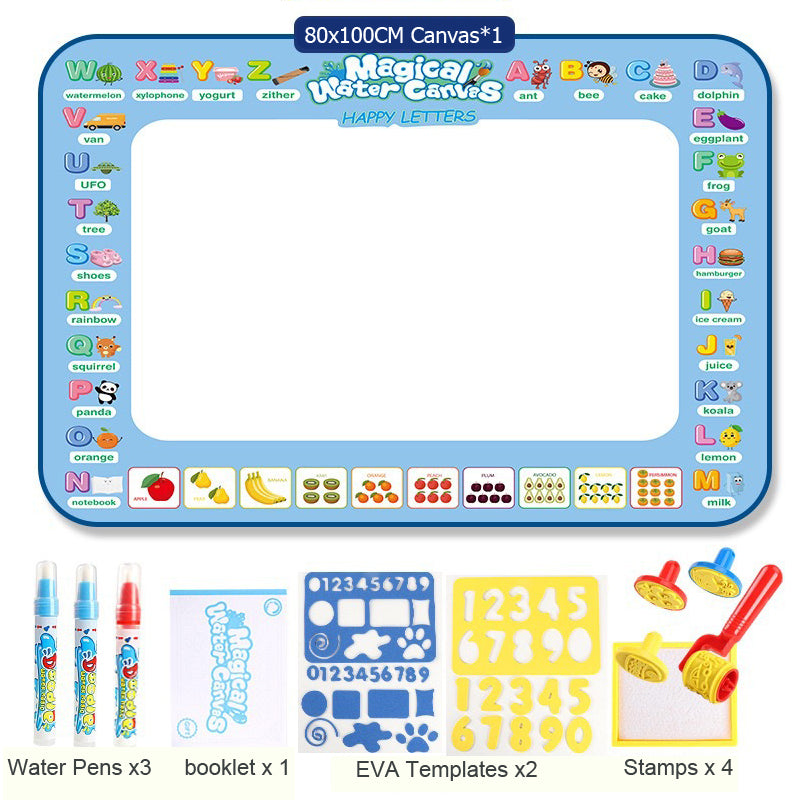 Tapete Mágico de Desenho com Água 100x80cm – Canetas Reutilizáveis e Moldes Educativos Montessori