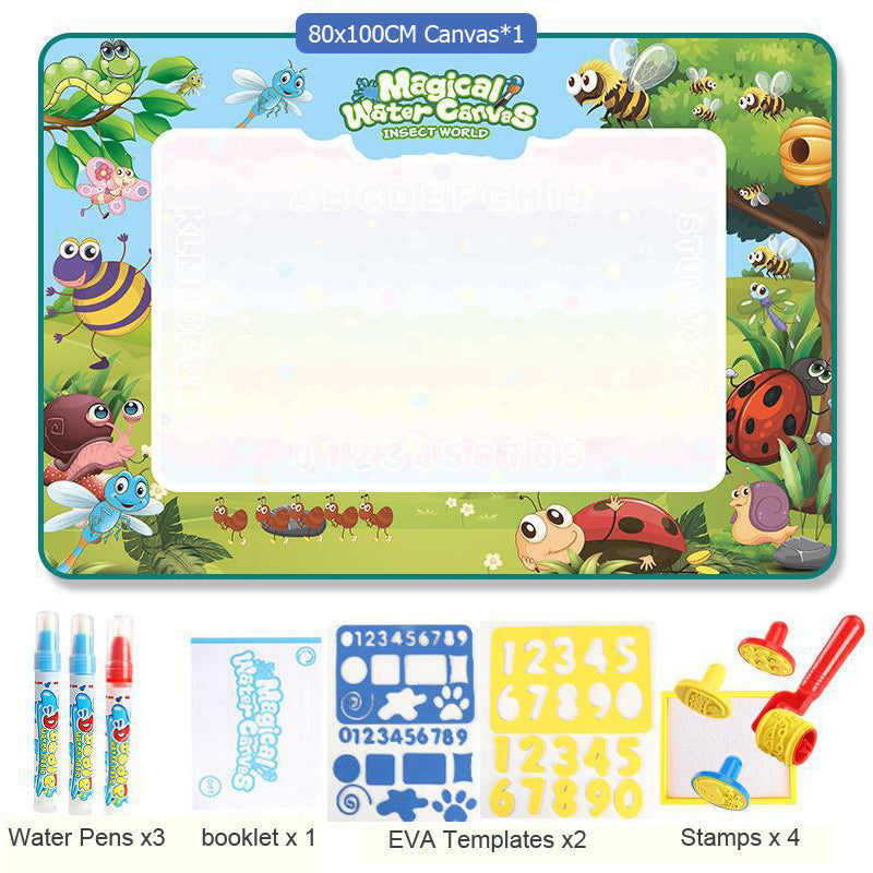 Tapete Mágico de Desenho com Água 100x80cm – Canetas Reutilizáveis e Moldes Educativos Montessori