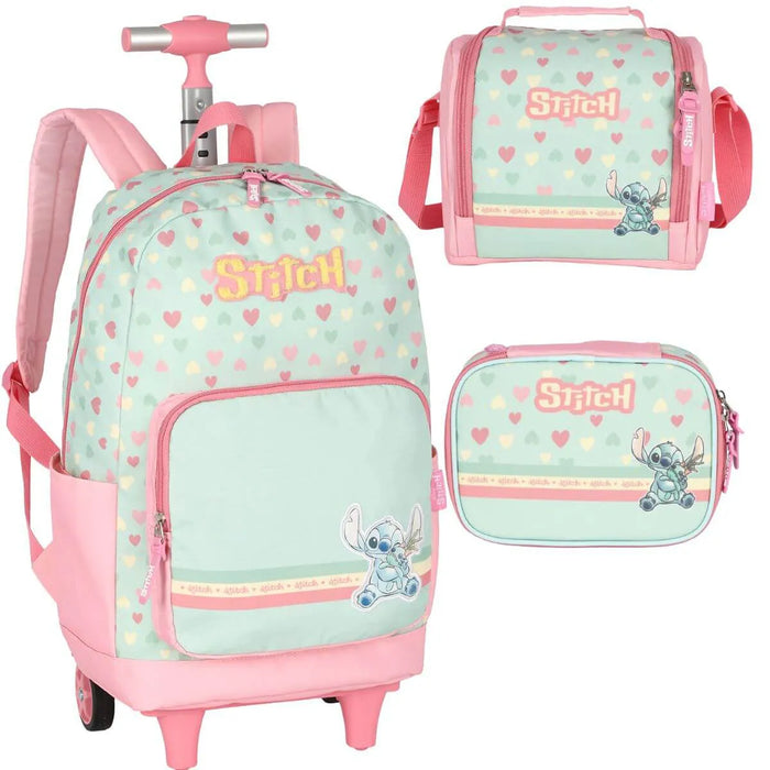 Kit Mochila Rodinhas Stitch Lancheira e Estojo