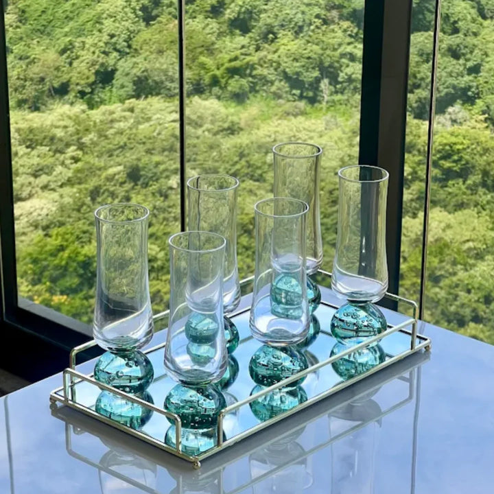 Taças Champanhe Base Esfera Transparente + Bandeja para Taça