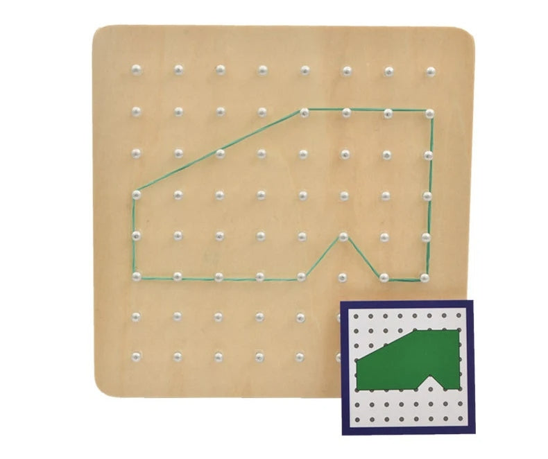 Brinquedo Montessori de Geometria em Madeira – Tabuleiro Educativo com Elásticos Coloridos para Crianças