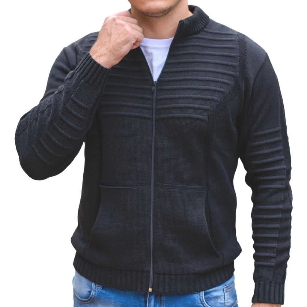 Casaco Masculino de Lã Tricot com Zíper e Bolsos