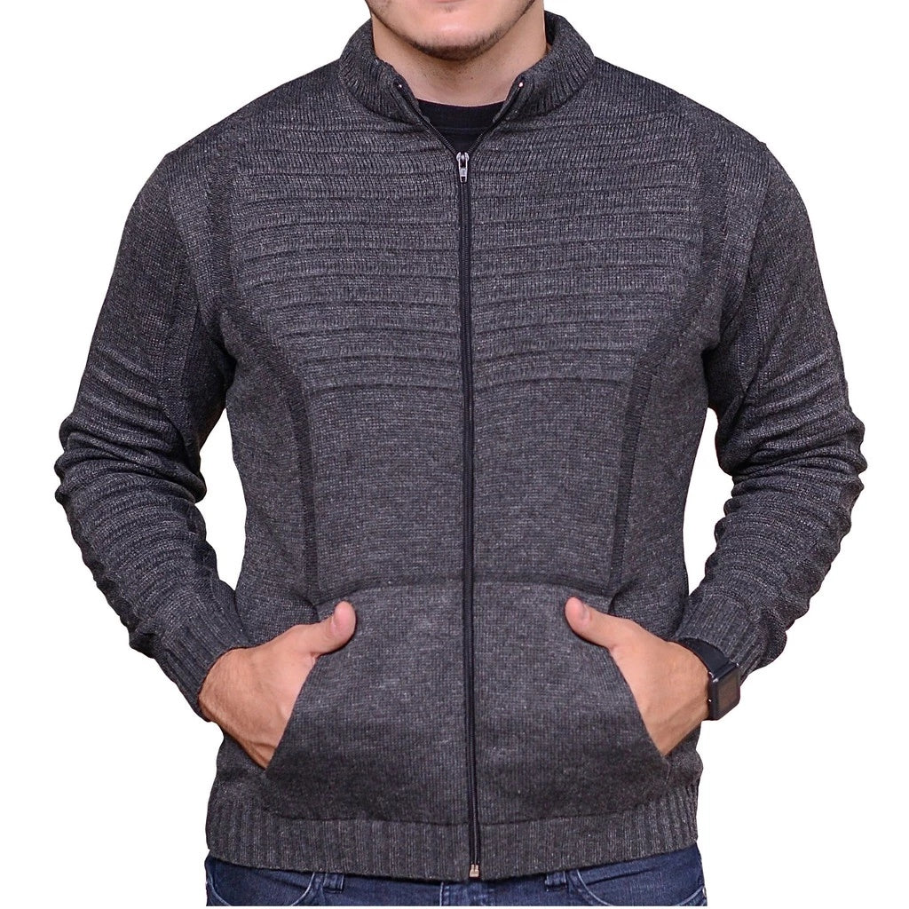 Casaco Masculino de Lã Tricot com Zíper e Bolsos