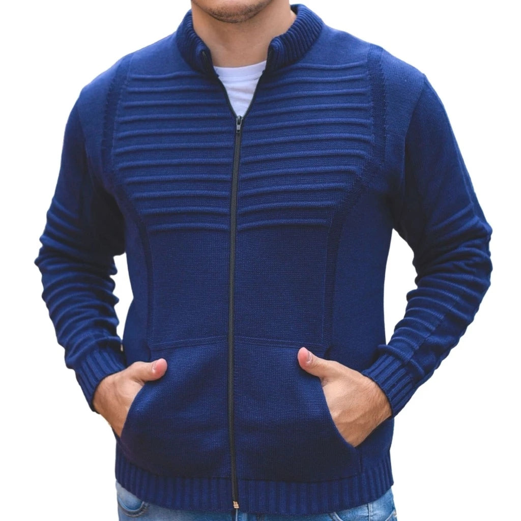 Casaco Masculino de Lã Tricot com Zíper e Bolsos