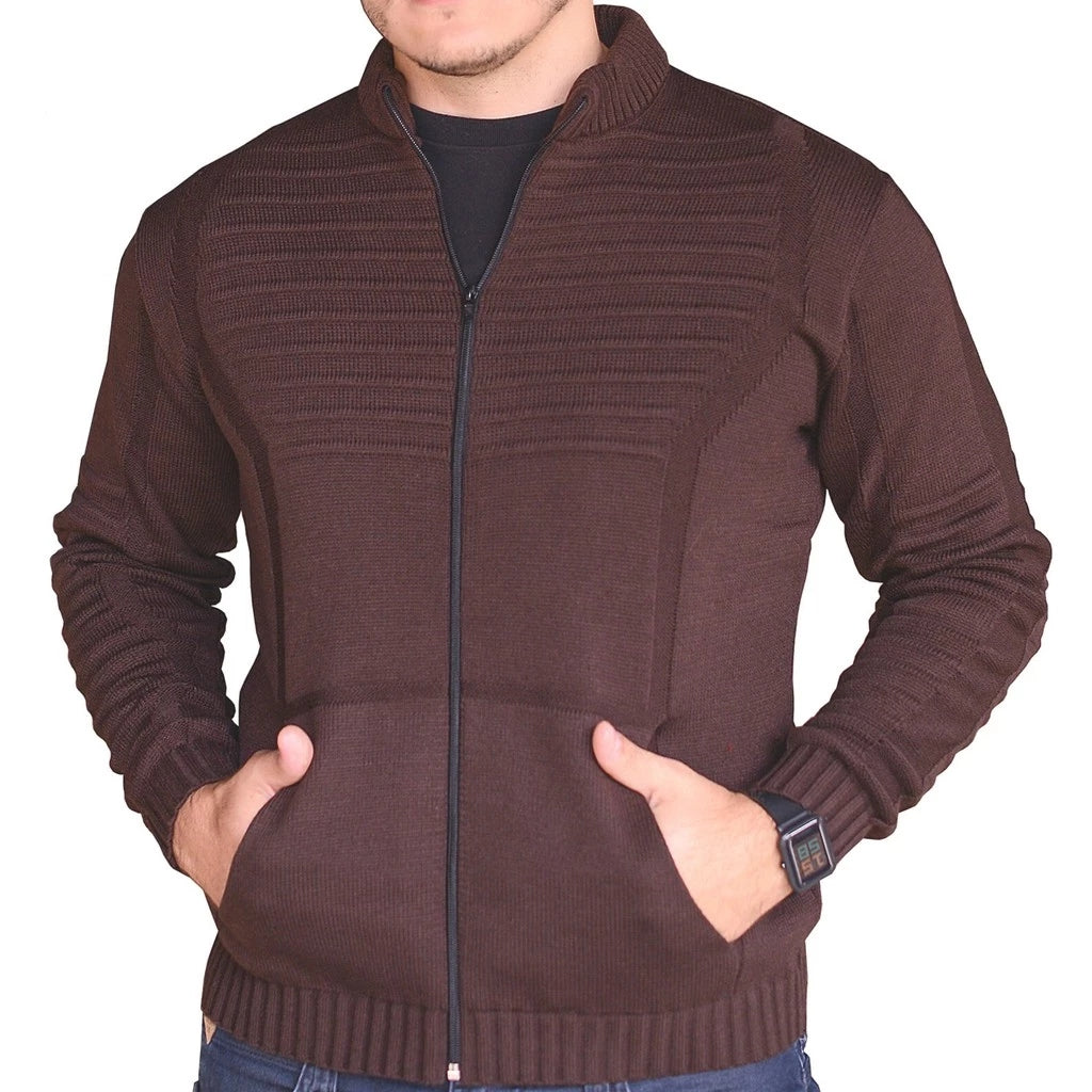 Casaco Masculino de Lã Tricot com Zíper e Bolsos