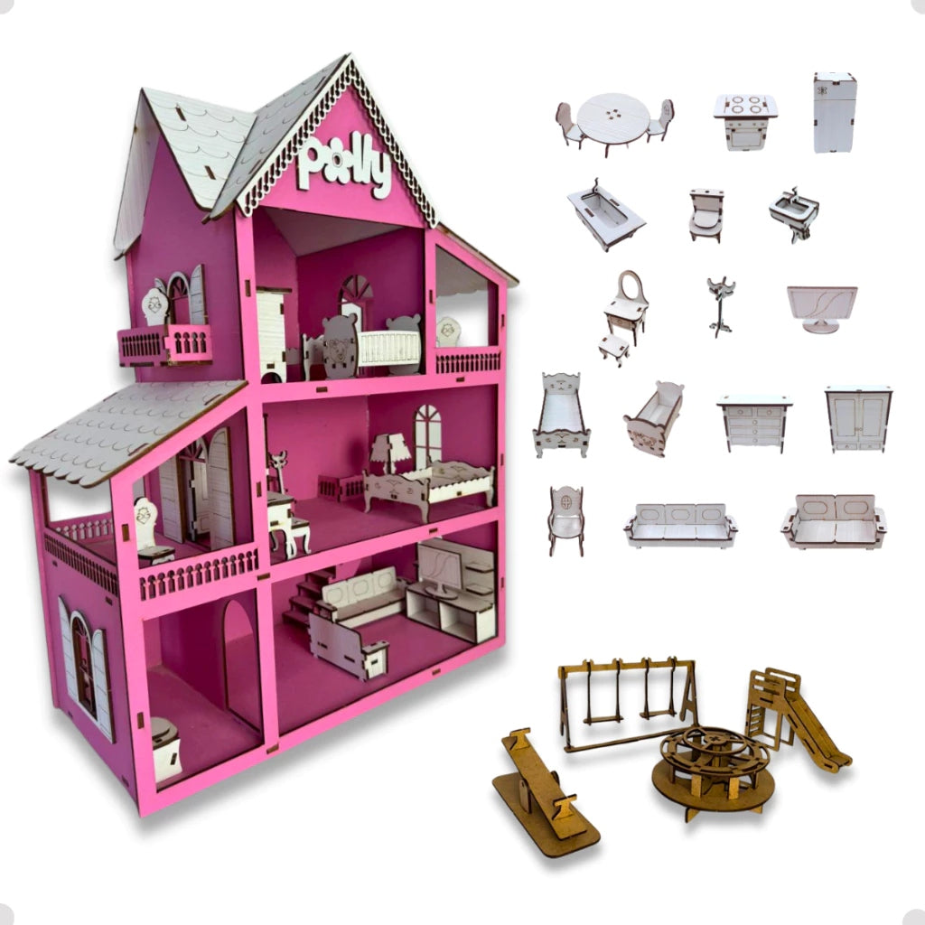 Casinha de Boneca em MDF – 19 Móveis e Parquinho Infantil Completo