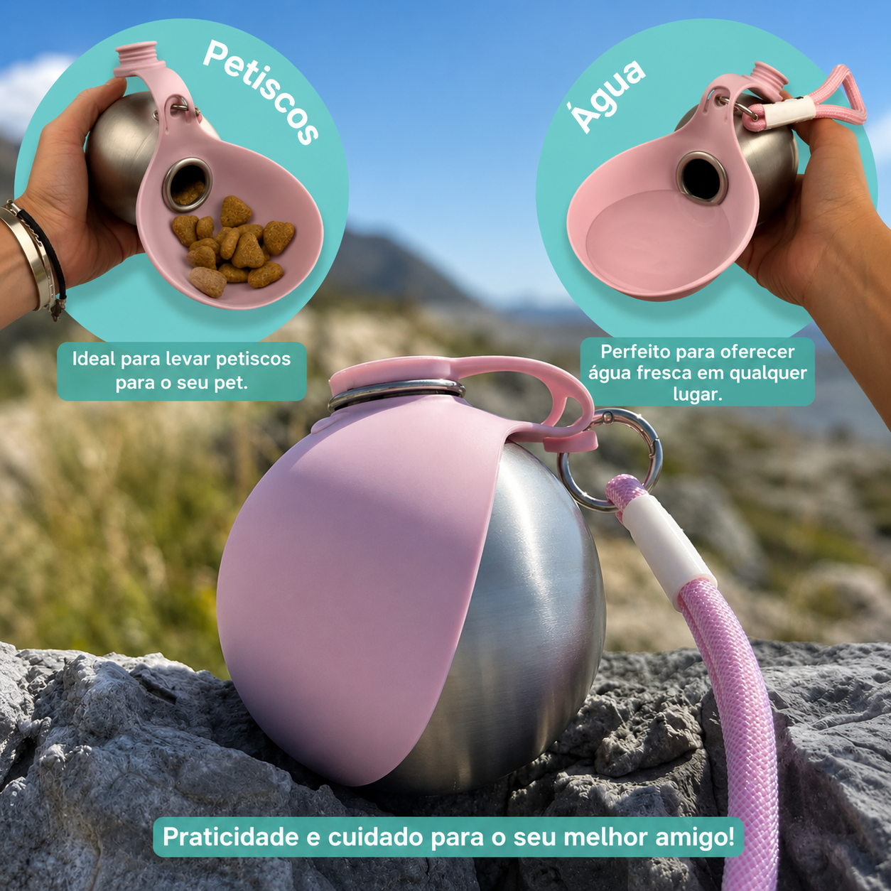 Garrafa de água para cães WagFlask™ em aço inoxidável com tigela integrada e cordão de segurança