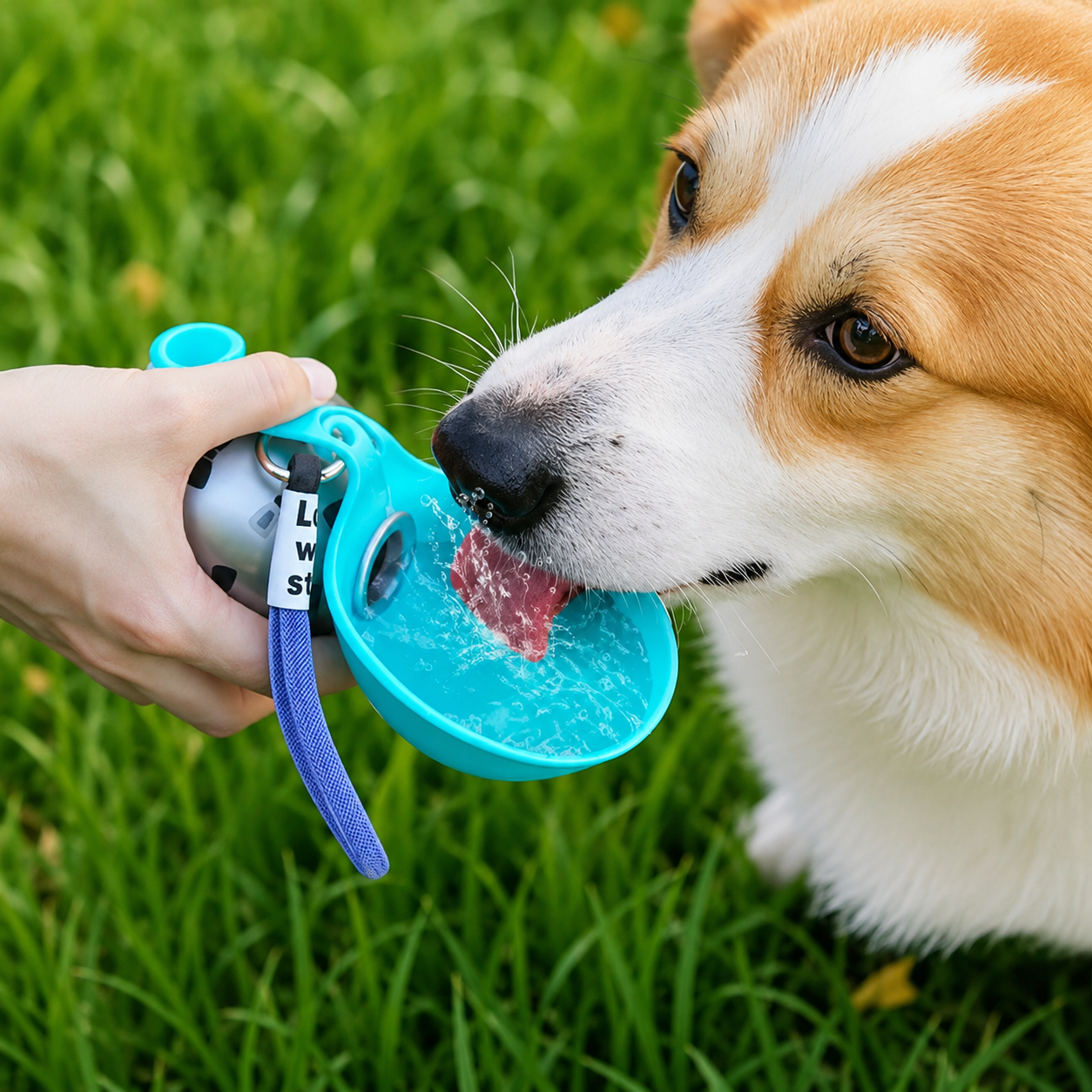 Garrafa de água para cães WagFlask™ em aço inoxidável com tigela integrada e cordão de segurança