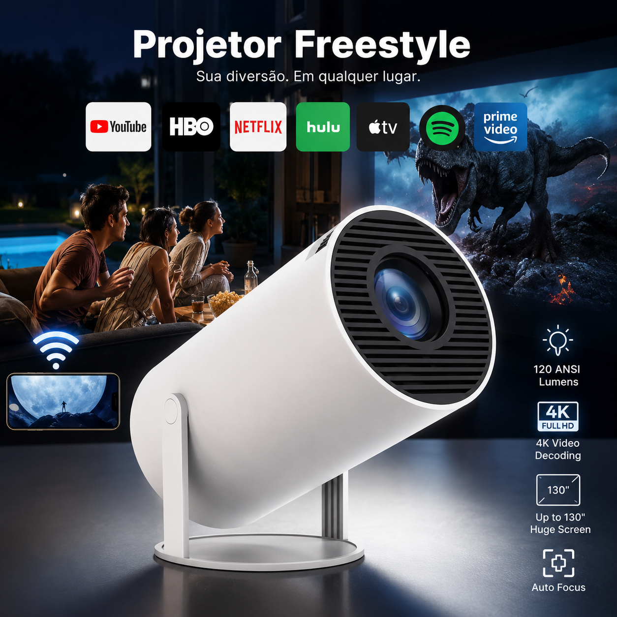 Projetor Smart Cinema Portátil 4K com 5G - Cinema em Casa