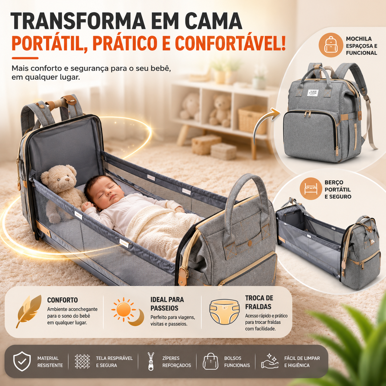 Mochila De Maternidade Expansível 3 Em 1 Com Berço Portátil
