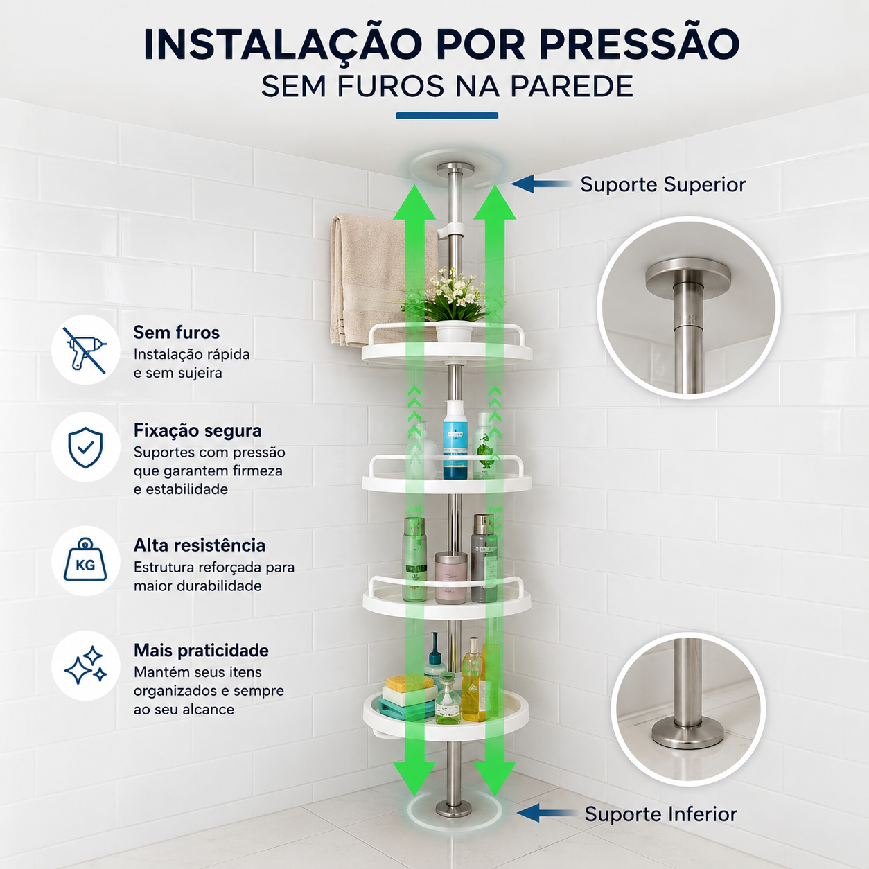 Organizador de Banheiro Ajustável | Prateleira Cantoneira com Toalheiro para Shampoo, Sabonete e Acessórios