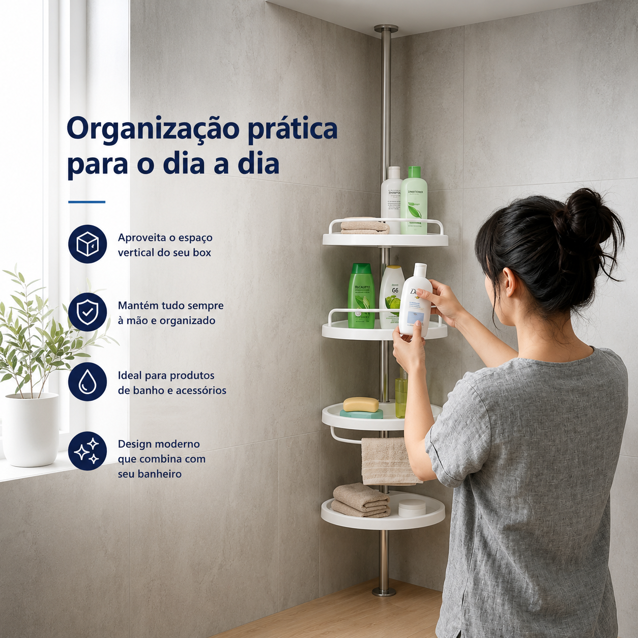 Organizador de Banheiro Ajustável | Prateleira Cantoneira com Toalheiro para Shampoo, Sabonete e Acessórios