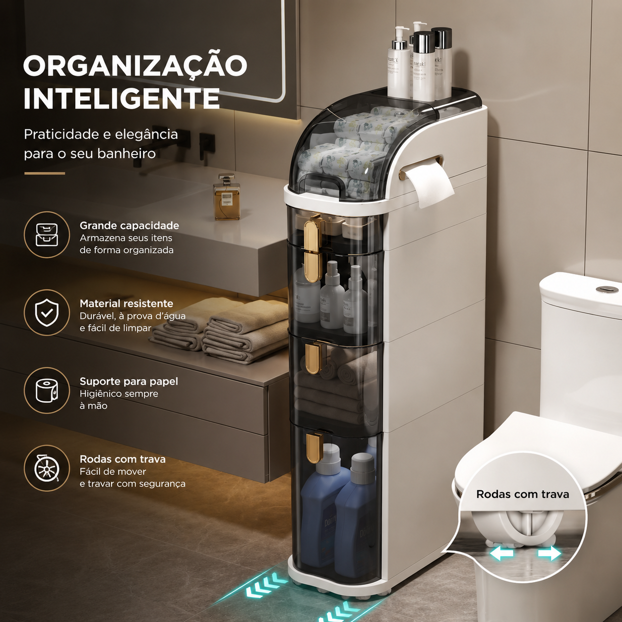 Gaveteiro Organizador FlexMove™ | Multiuso com Rodinhas para Banheiro, Quarto, Cozinha e Lavanderia