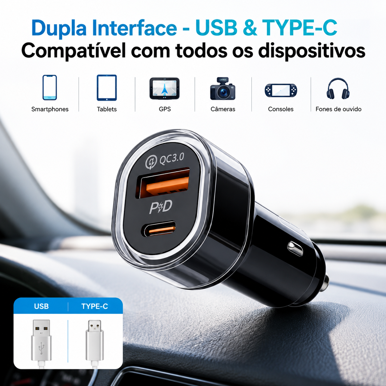 Rastreador GPS Para Carros e Carregador Tipo C e USB - 10% OFF NO PIX