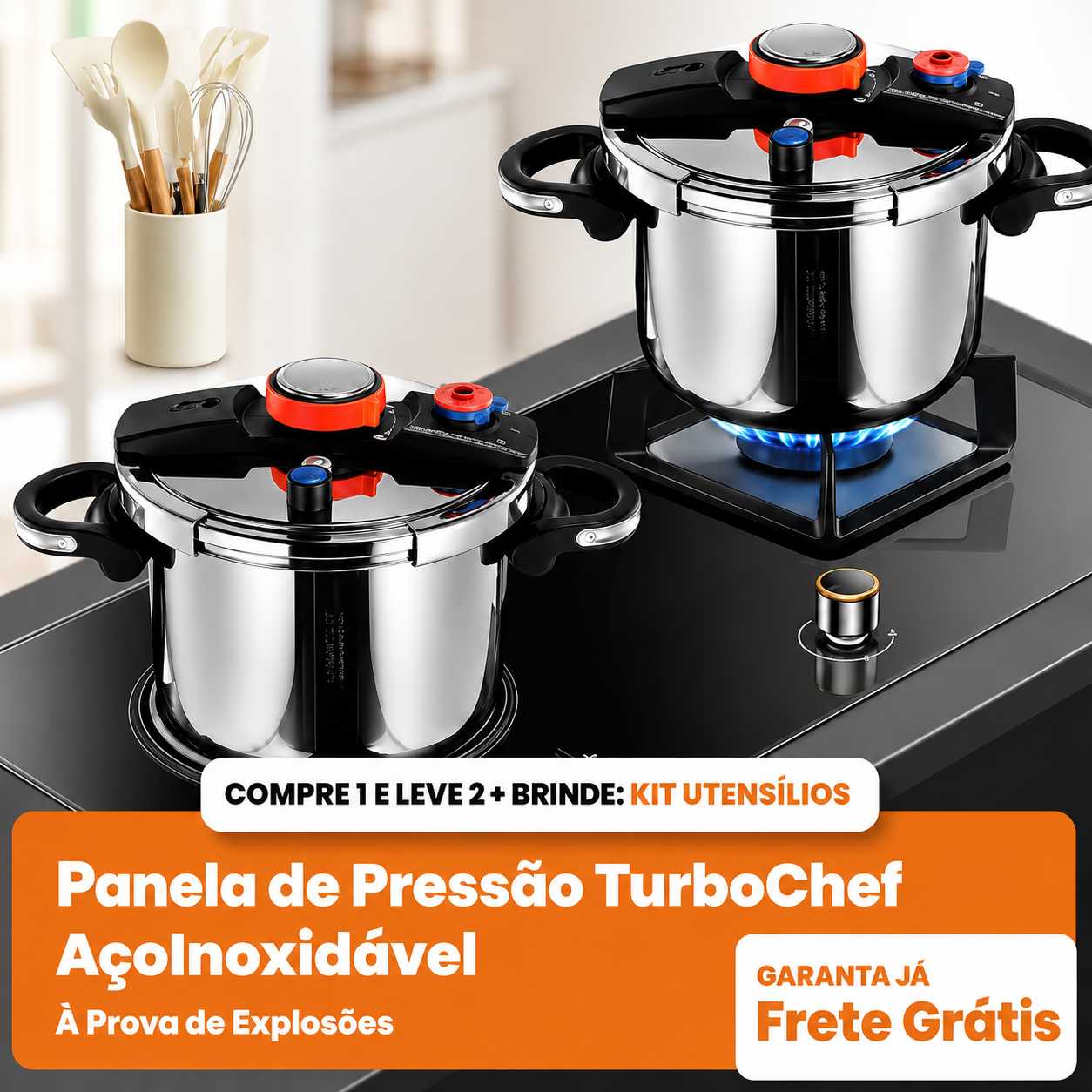 [COMPRE 1 LEVE 2] - KIT Panelas de Pressão TurboChef Aço Inoxidável - Á Prova de Explosões + Brinde: Kit Utensílios