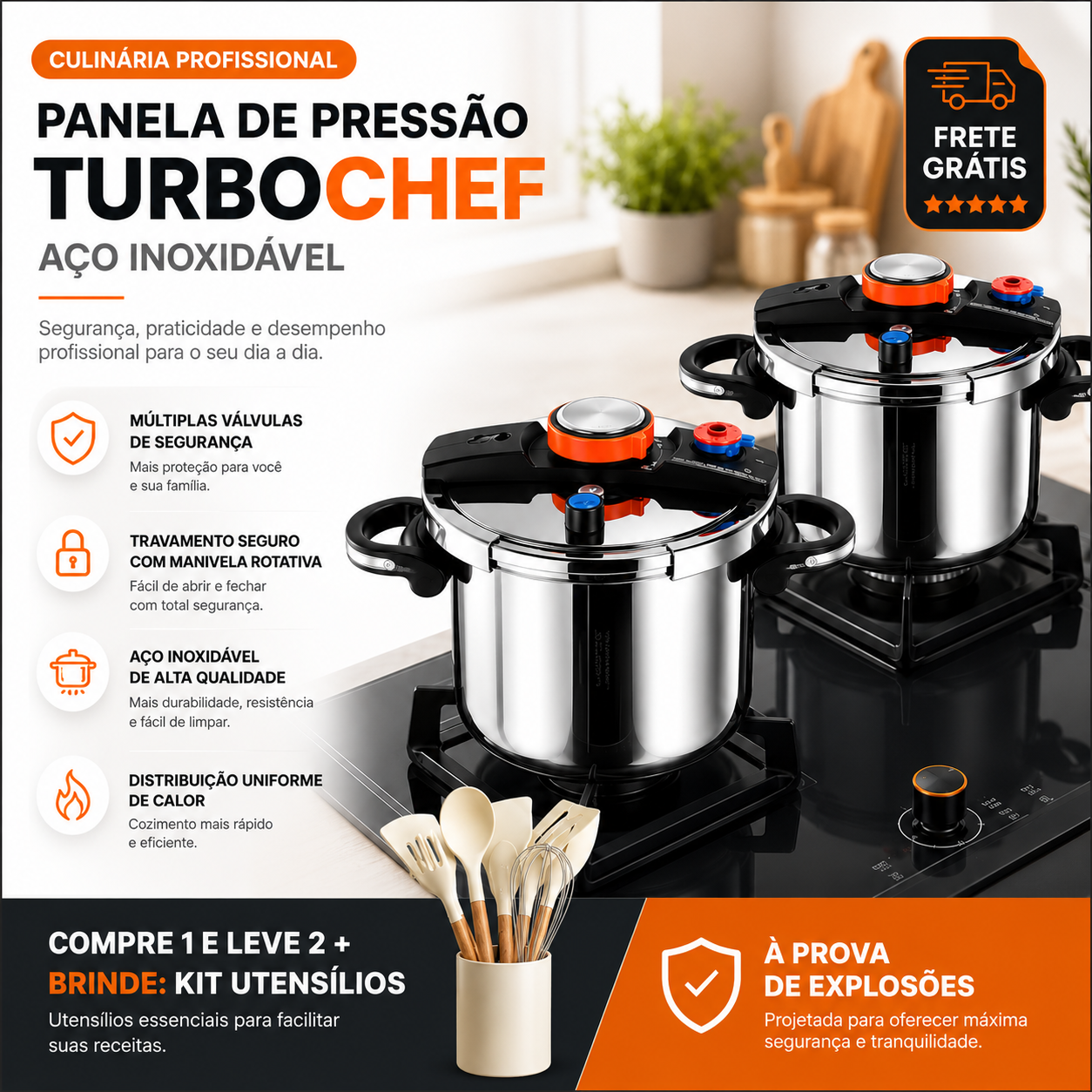 [COMPRE 1 LEVE 2] - KIT Panelas de Pressão TurboChef Aço Inoxidável - Á Prova de Explosões + Brinde: Kit Utensílios