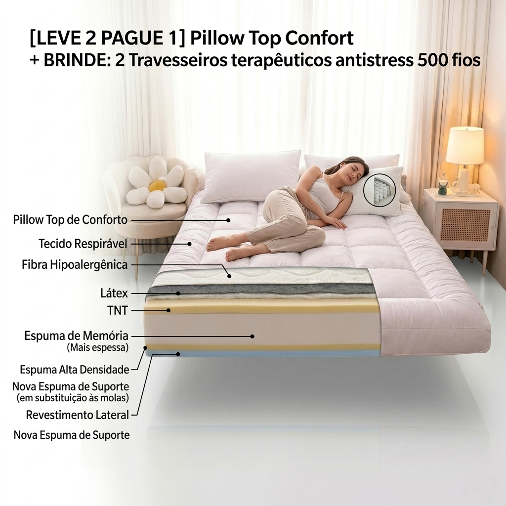 [PAGUE 1 LEVE 2] Pillow Top Confort  + BRINDE: 2 Travesseiros terapêuticos antistress 500 fios