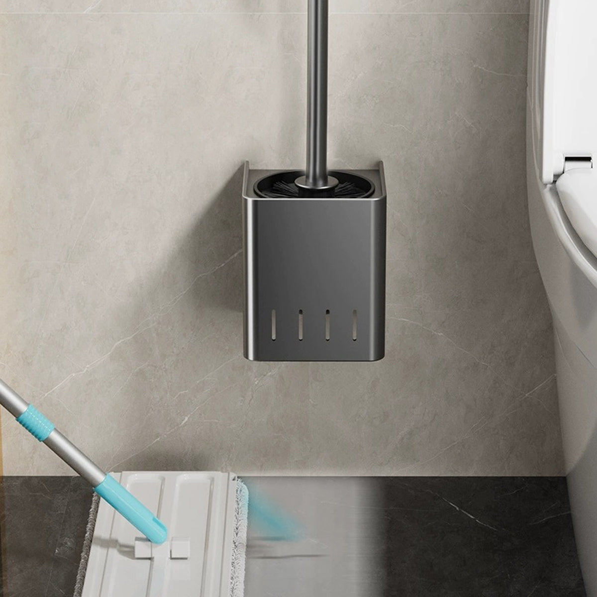 Escova Sanitária com Suporte de Parede – Design Inoxidável para Limpeza de Banheiro