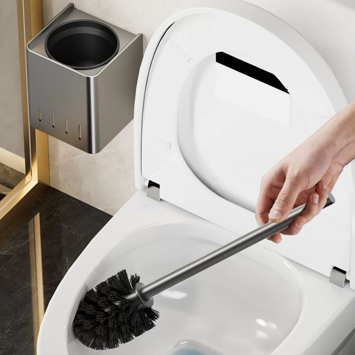 Escova Sanitária com Suporte de Parede – Design Inoxidável para Limpeza de Banheiro