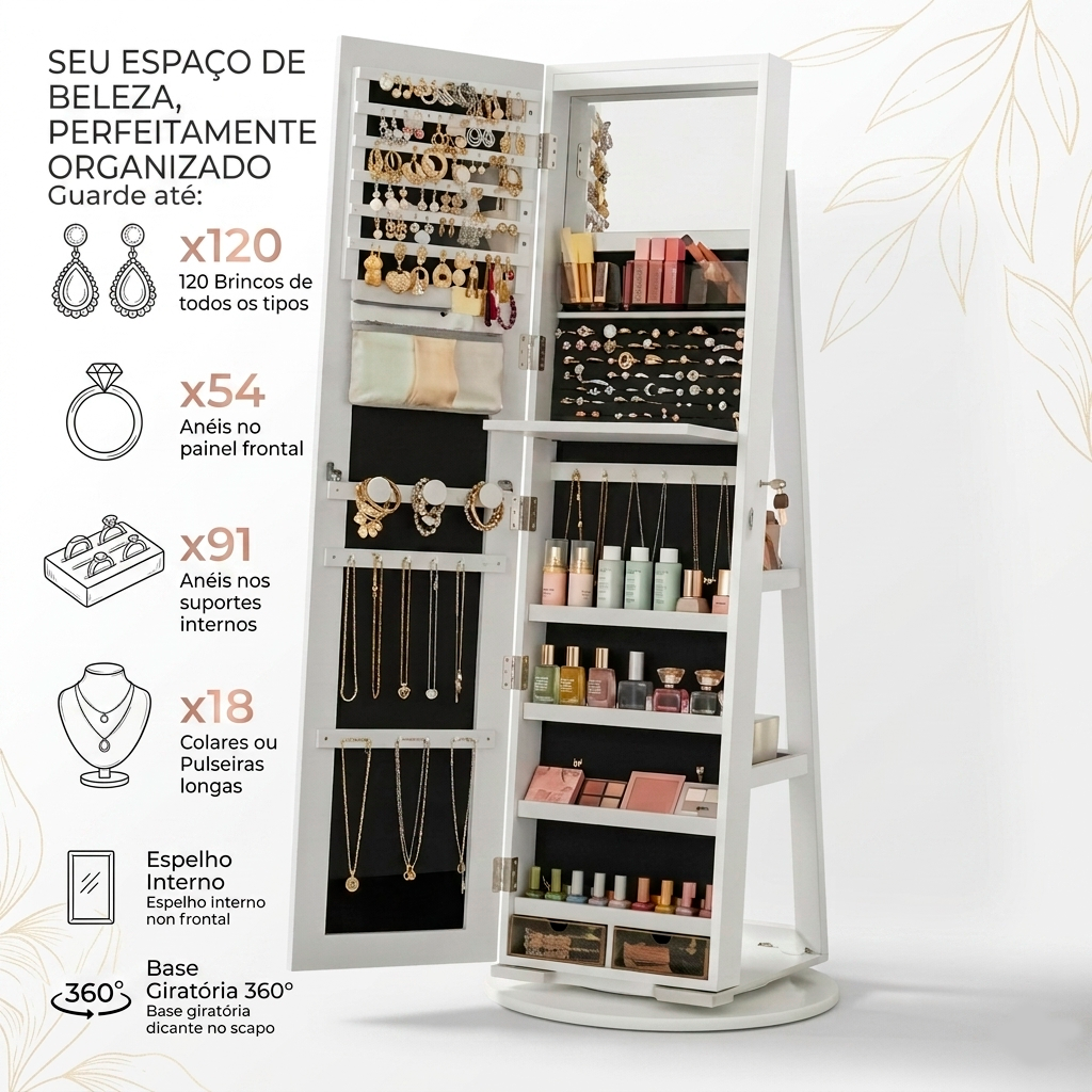 Espelho Porta Joias 360° com Organizador Interno