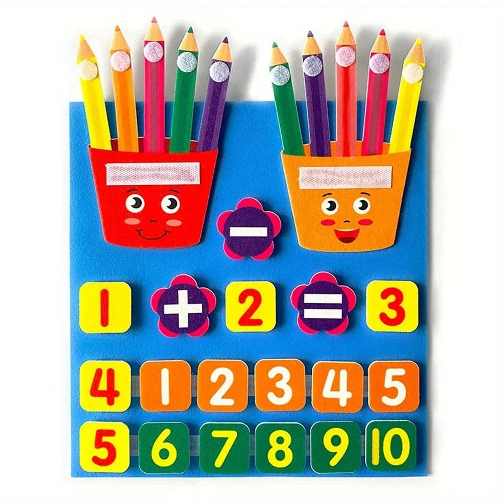 Placa de Feltro Educativa Infantil – Aprendizagem de Números, Adição e Subtração Montessori
