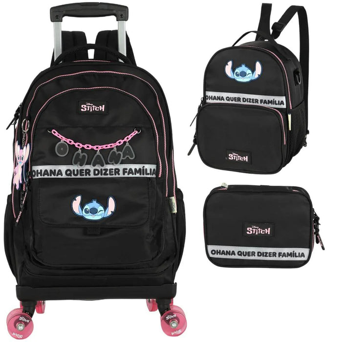 Kit Mochila Rodinhas Stitch Lancheira e Estojo