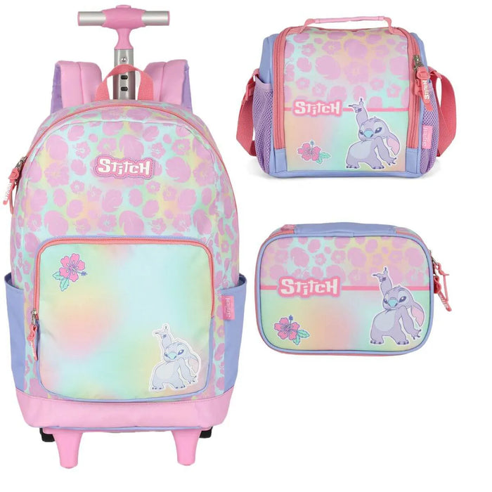 Kit Mochila Rodinhas Stitch Lancheira e Estojo