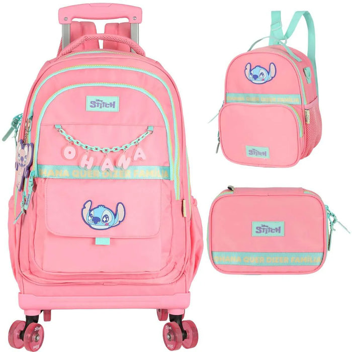 Kit Mochila Rodinhas Stitch Lancheira e Estojo