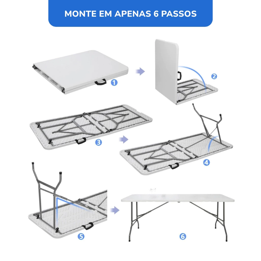 Mesa Dobrável Tipo Maleta Prática e Durável 180x60cm — Portátil, Resistente, Fácil de Montar e Guardar